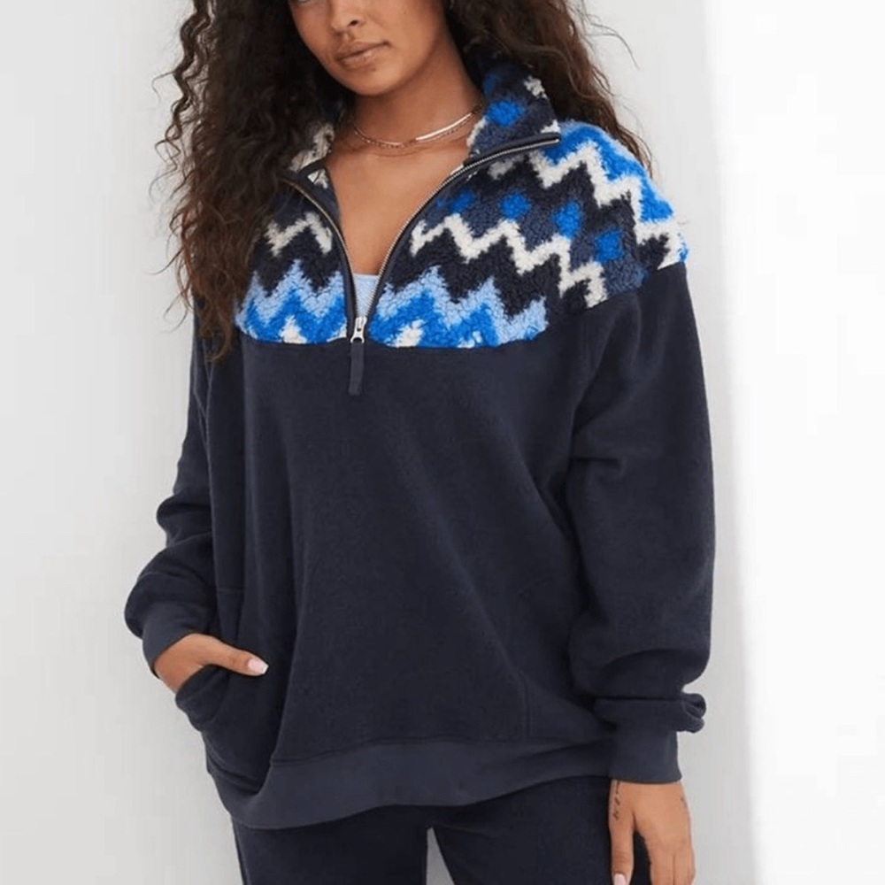 Aerie Hometown Holiday Blue Sherpa Quarter Zip Sweatshirt XL